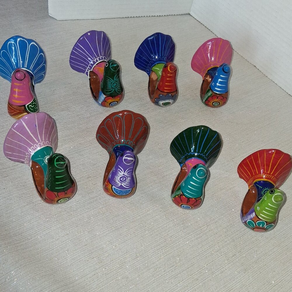 Set of 8 Tonala or Talavera Bird Napkin Rings Handpainted Pottery Terracotta